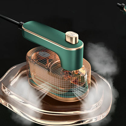 Green folding handheld garment steamer showing extended and collapsed positions with water tank visible