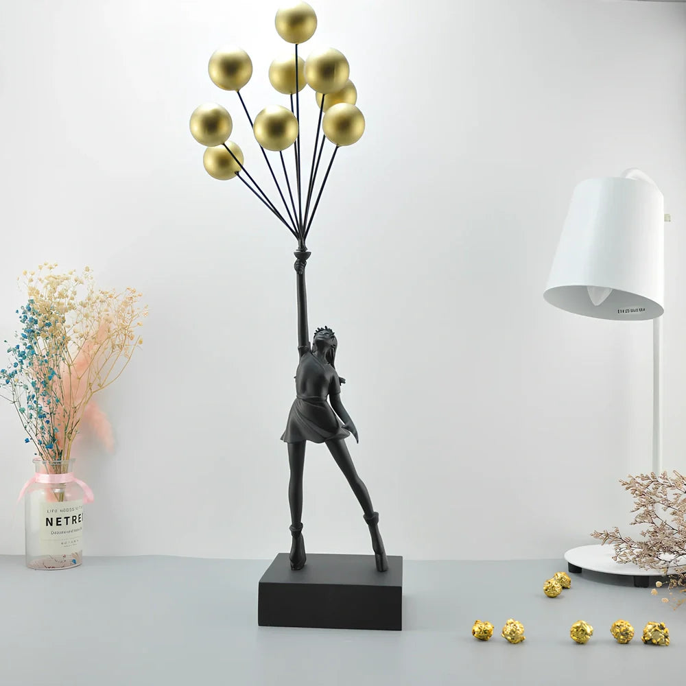 Bubble Girl natural resin sculpture ornament in white with red ball, 10-15 cm tall hanging modern decor piece