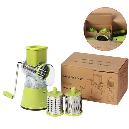Manual stainless steel drum cutter with blue finish and hand crank for vegetable slicing