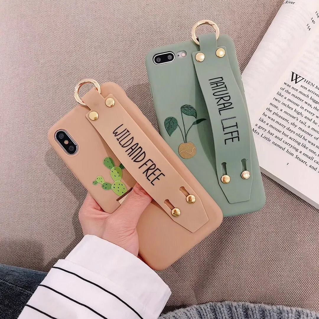 Green graffiti pattern wristband holder phone case for iPhone showing integrated wrist strap and back cover design