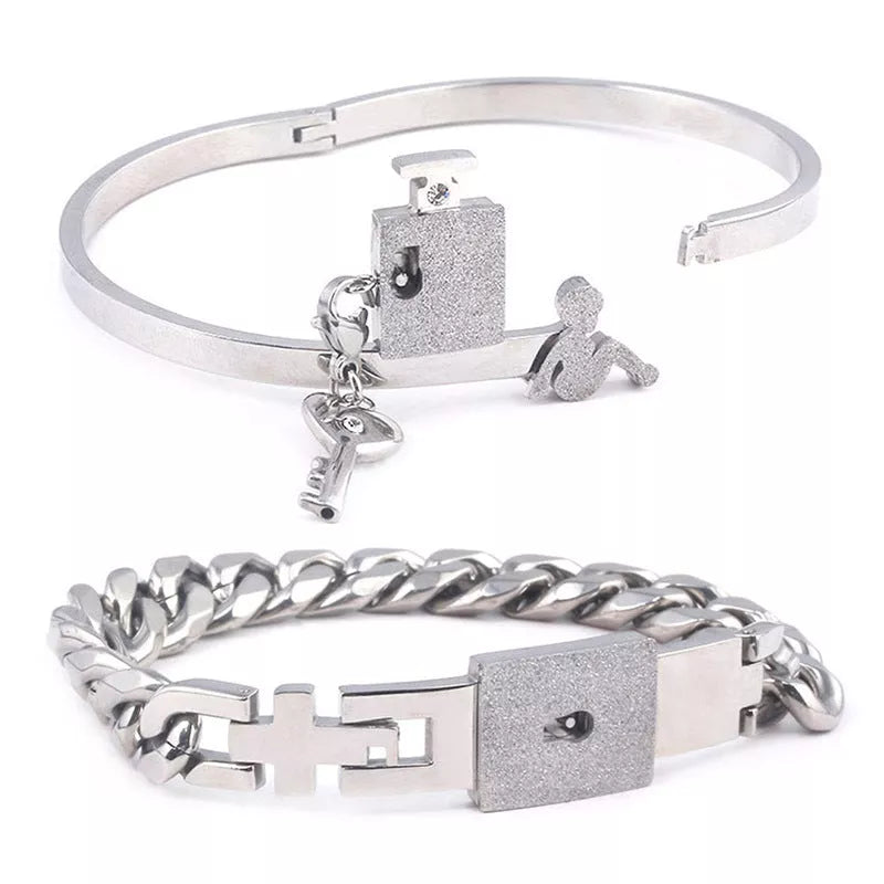 Titanium Steel Couple Love Lock Bracelet and Key Set in various colors