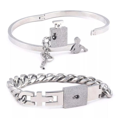 Titanium Steel Couple Love Lock Bracelet and Key Set in various colors