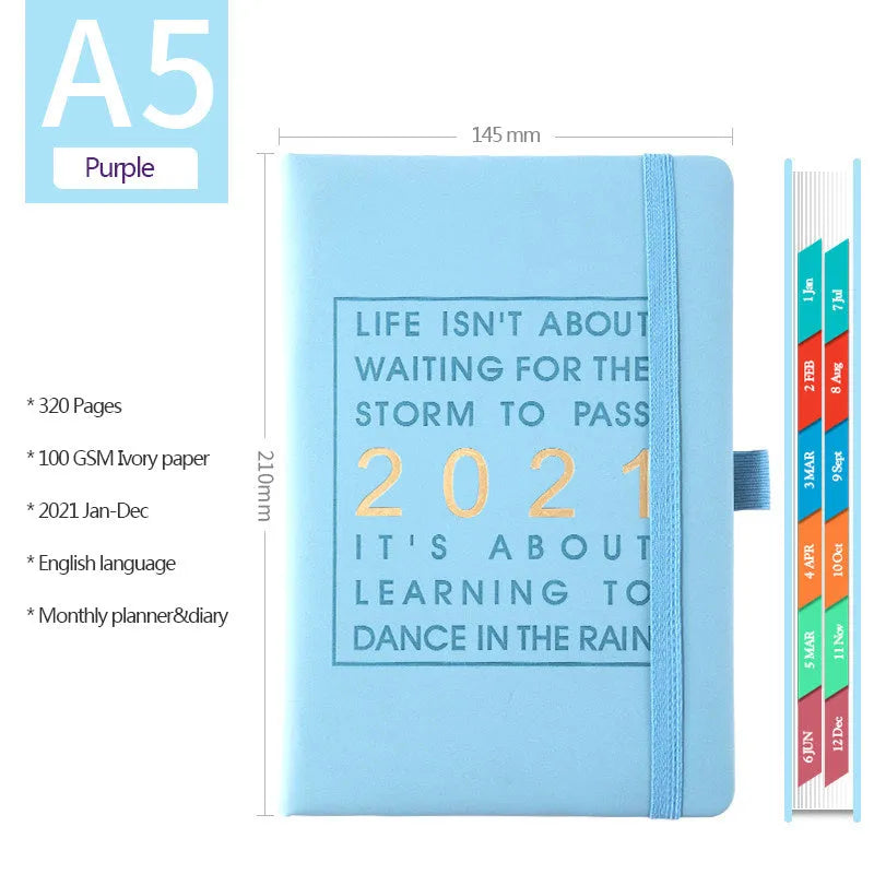 A5 daily planning notebook with imitation leather cover in five colours, open to show calendar and writing pages.
