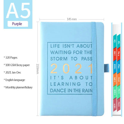 A5 daily planning notebook with imitation leather cover in five colours, open to show calendar and writing pages.