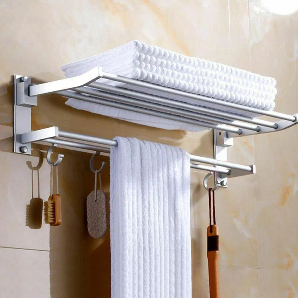 Silver aluminium 2-layer wall-mounted towel rack, 49cm length, for bathroom storage