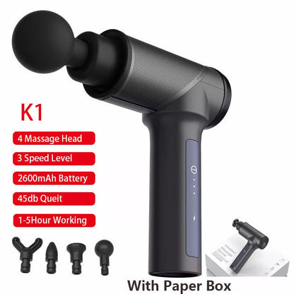 K1 Fascia Gun Massager with four interchangeable heads for deep muscle relief