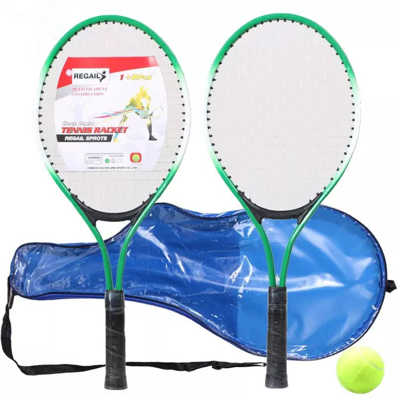 Children's tennis racket with steel alloy frame in green, red, or blue