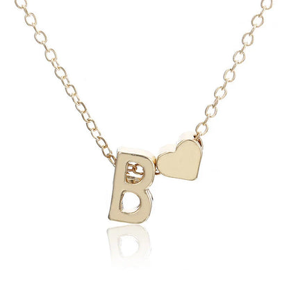 Heart-shaped letter pendant necklace with clavicle chain in various metallic colors