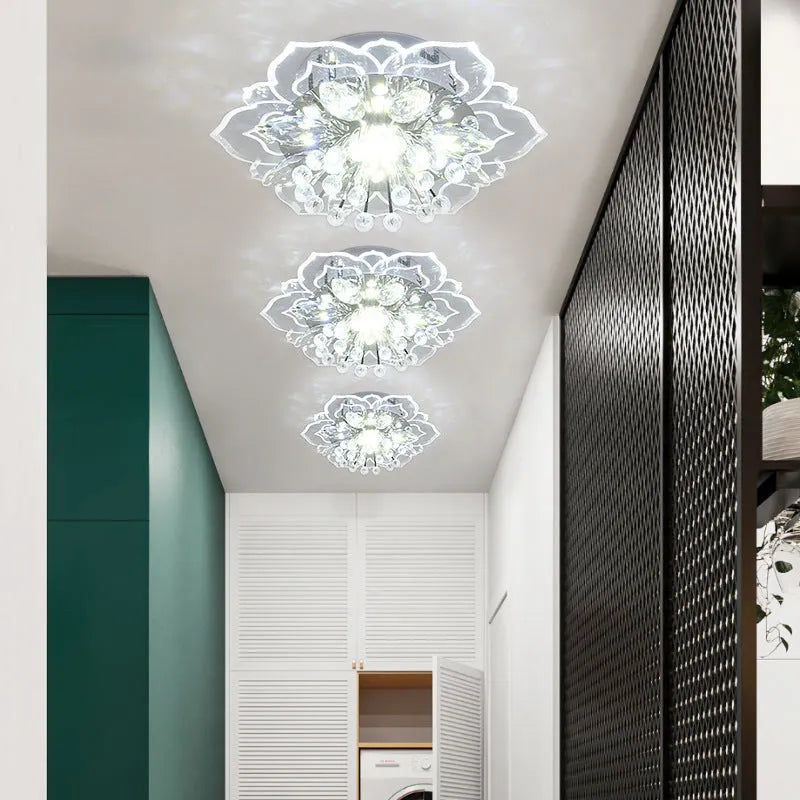 Modern minimalist crystal ceiling lamp with flower-shaped acrylic shade and stainless steel mount