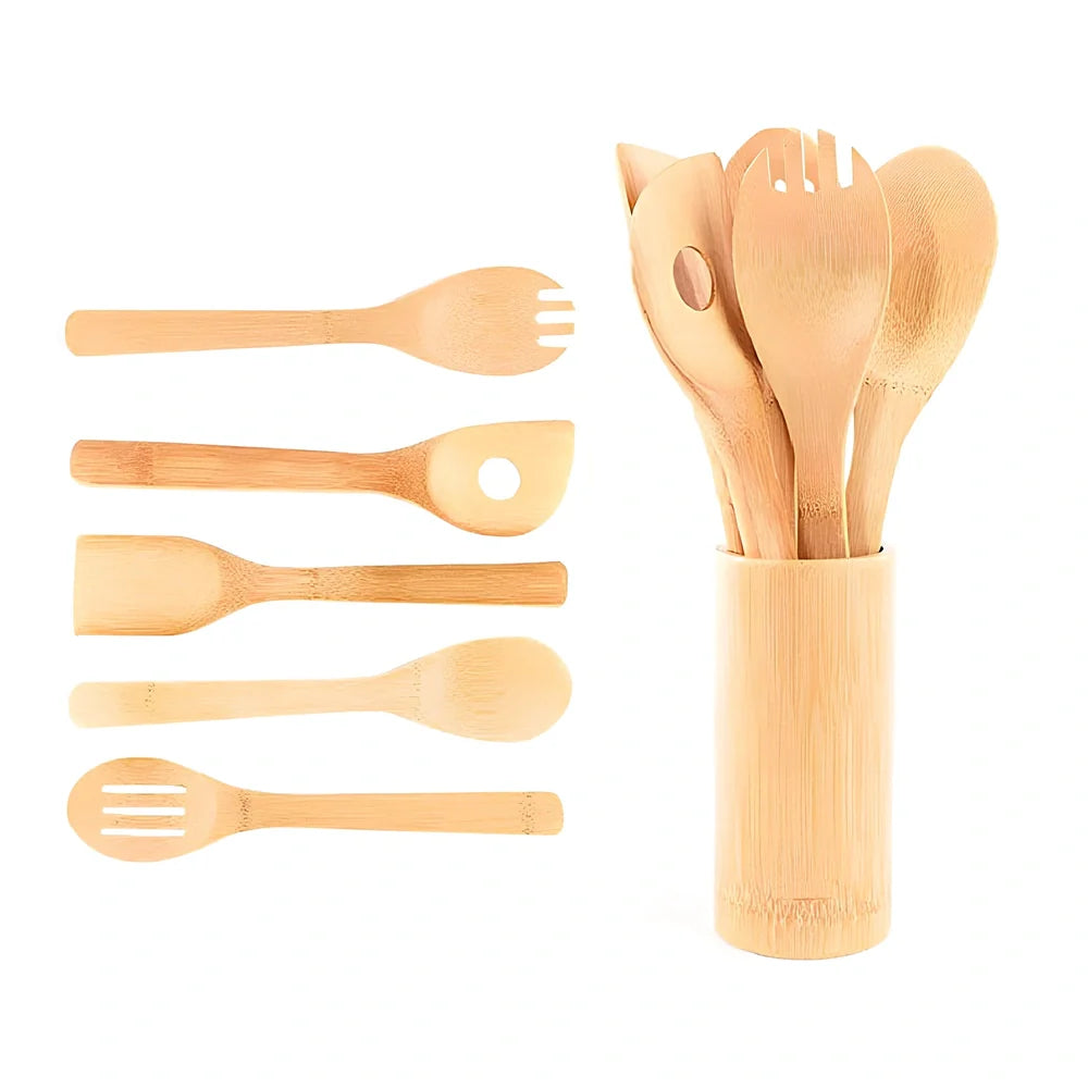Bamboo spatula set with square bamboo holder containing various cooking utensils with ergonomic handles