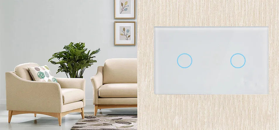 US-RF-02W white 2-gang remote control light switch with tempered glass panel measuring 120x72x35mm