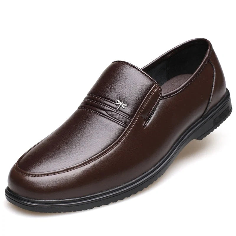 Men's leather business casual shoes with rubber sole, available in brown and black