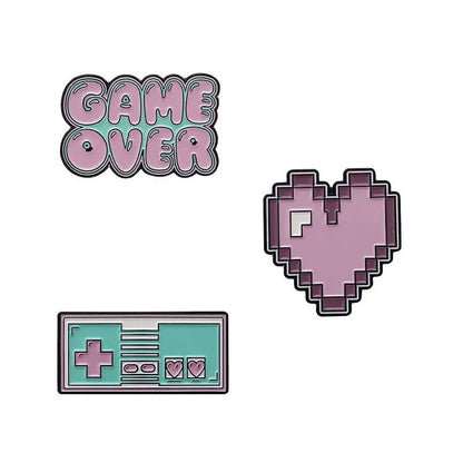 Stereo game console badge made from alloy metal in three colour options for bag mounting.