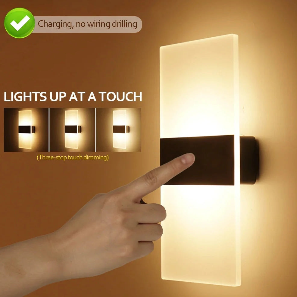 Black right-angle motion-sensing wall lamp with USB charging port and acrylic shade