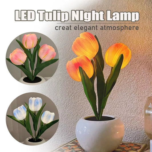 LED Tulip Night Light in ceramic pot with warm glow for home decoration