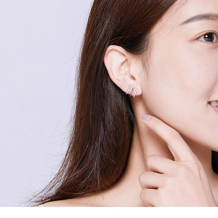 925 Sterling Silver Heart Earrings with sparkling gems, Korean-inspired design