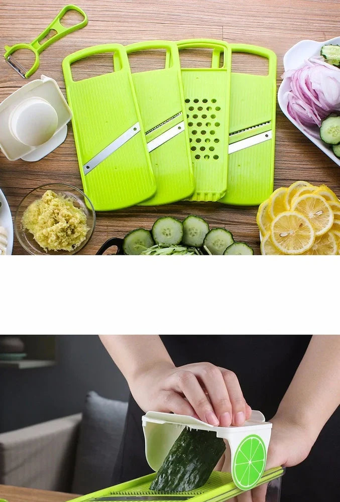 Multi-function stainless steel vegetable slicer with four blades, hand protector, and clear collection box, 26x10x10cm size