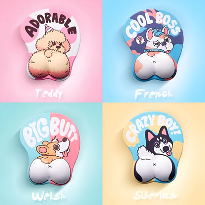 Corgi bottom 3D mouse pad with wrist cushion on desktop