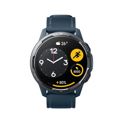 Dual-band GPS smart watch with a 1.43-inch screen in black, white, or blue silicone strap colours.