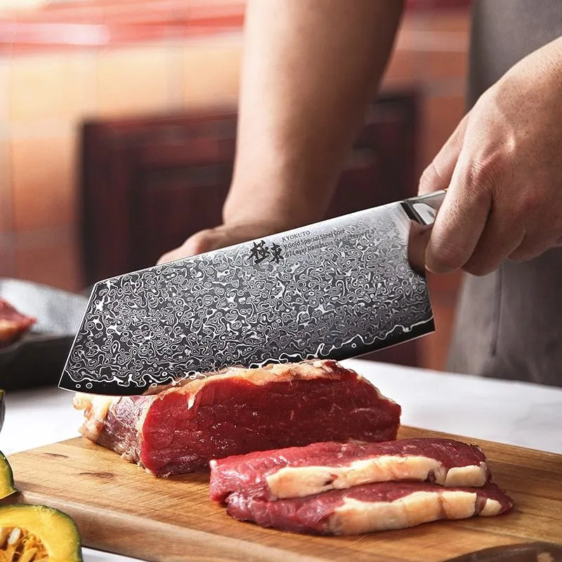 Damascus pattern kitchen knife set with eight stainless steel blades in various sizes