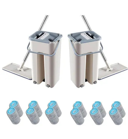 Blue wooden floor lazy mop with bucket, microfibre flat head, aluminium rod, and 360-degree rotation