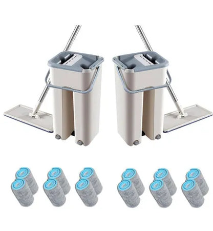 Blue wooden floor lazy mop with bucket, microfibre flat head, aluminium rod, and 360-degree rotation