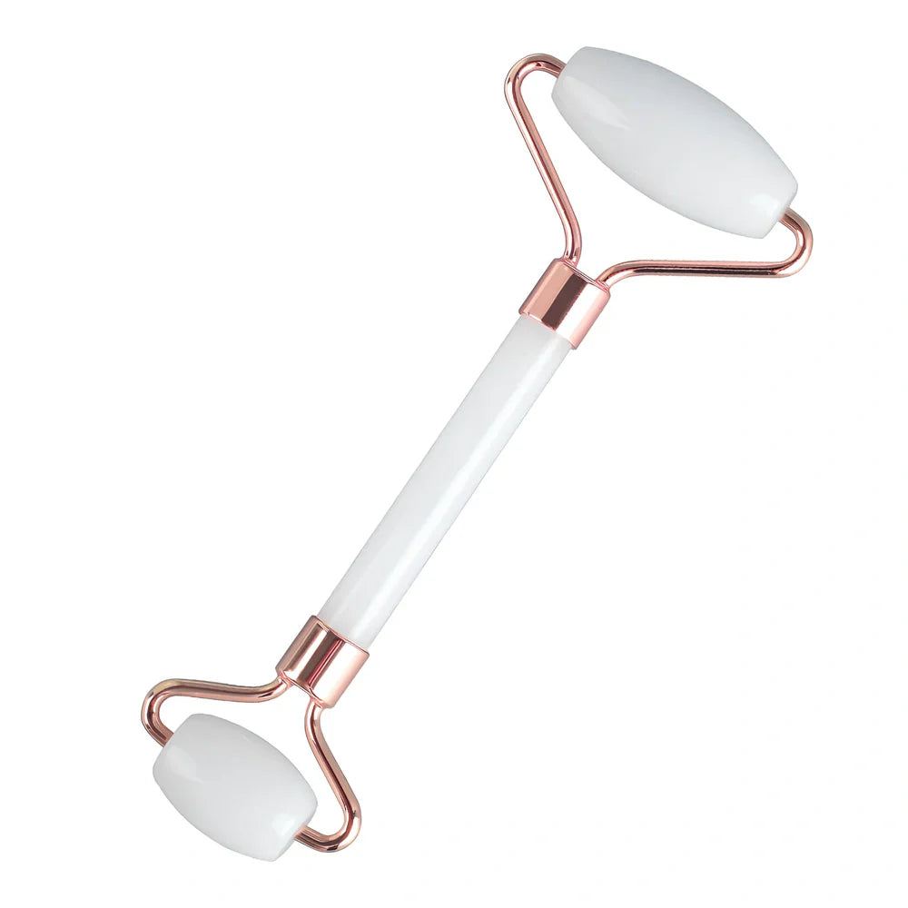 White jade facial roller with dual heads and matching scraping board for traditional Chinese massage therapy