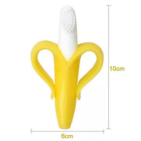 Food grade silicone banana teether toy for babies in yellow, pink, and blue
