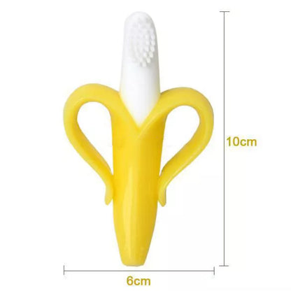 Food grade silicone banana teether toy for babies in yellow, pink, and blue