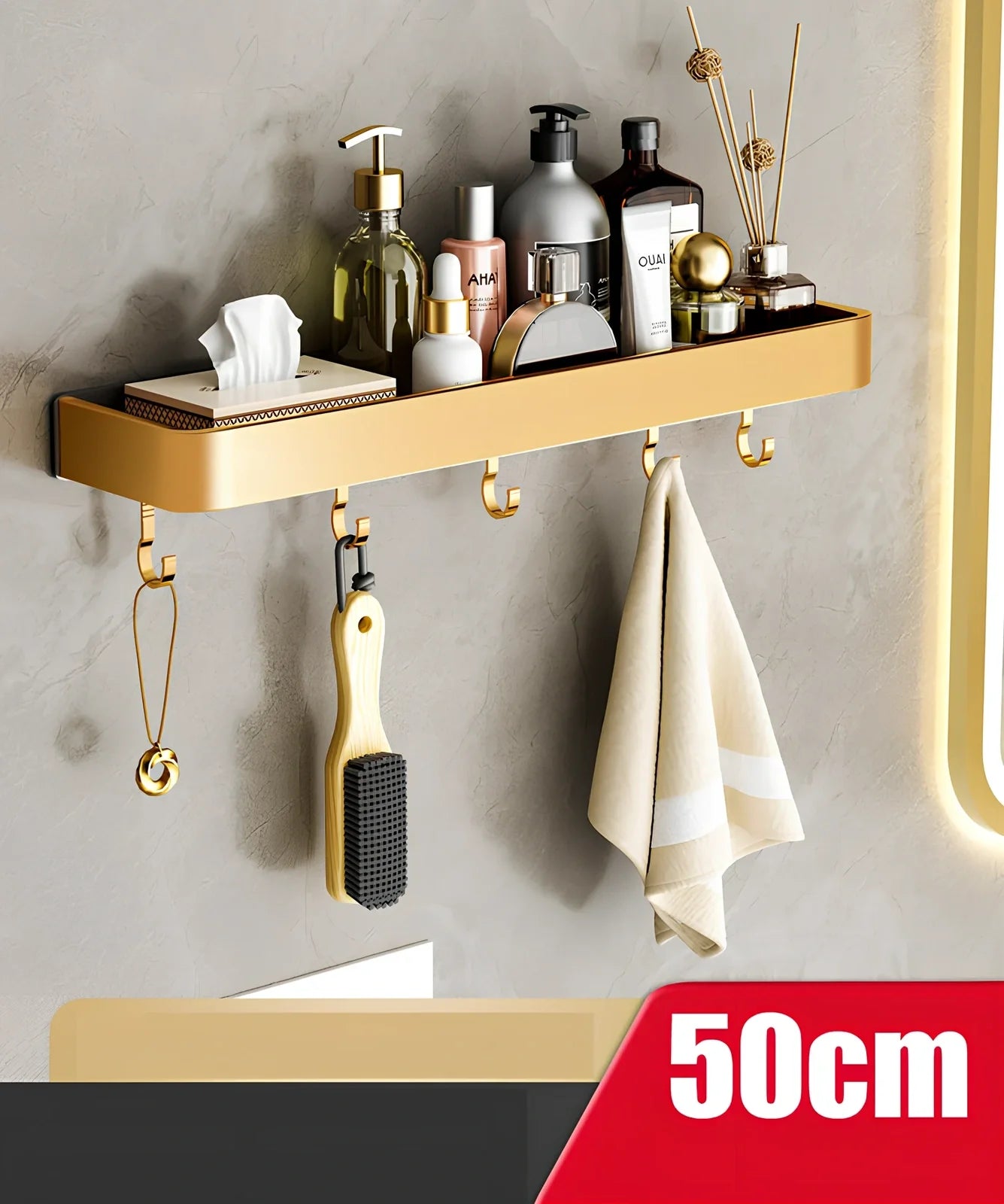 Modern space aluminum perforated towel storage rack, 40cm length with hook, wall-mounted for bathroom drying