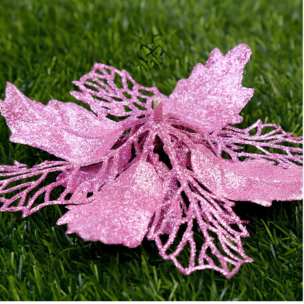 Glitter artificial Christmas flowers measuring 11cm with sparkling coating in various colour options