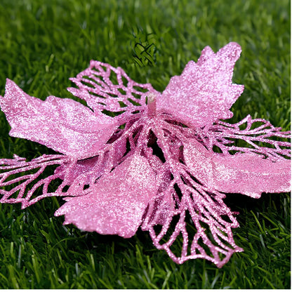 Glitter artificial Christmas flowers measuring 11cm with sparkling coating in various colour options