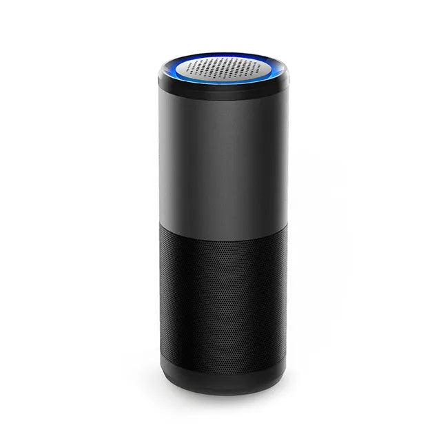Portable mini car air purifier in black colour with smart sensor display, measuring 6.2 by 17.2 centimetres