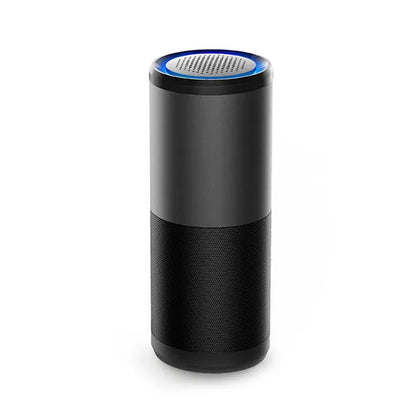 Portable mini car air purifier in black colour with smart sensor display, measuring 6.2 by 17.2 centimetres