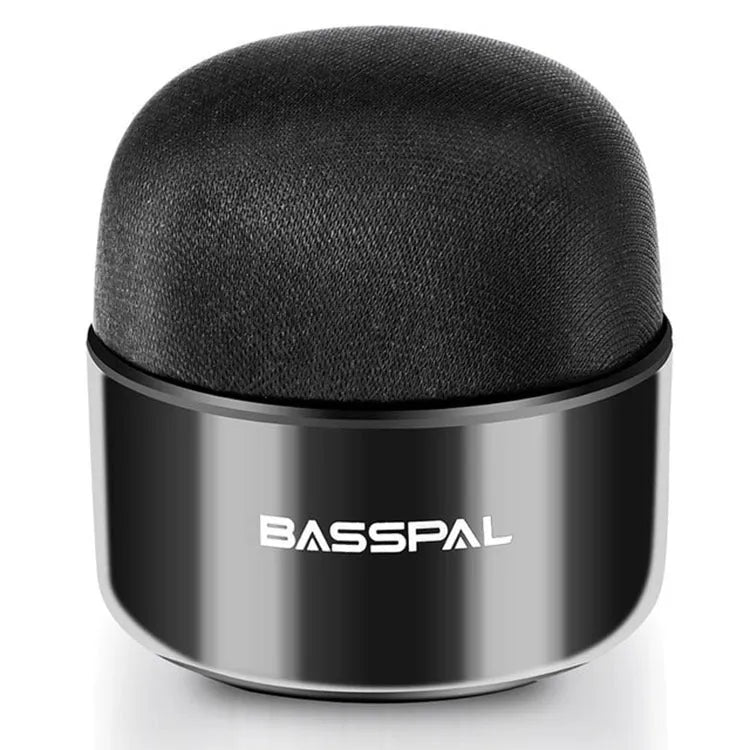 Black portable mini Bluetooth speaker with waterproof design, showing button controls and USB port