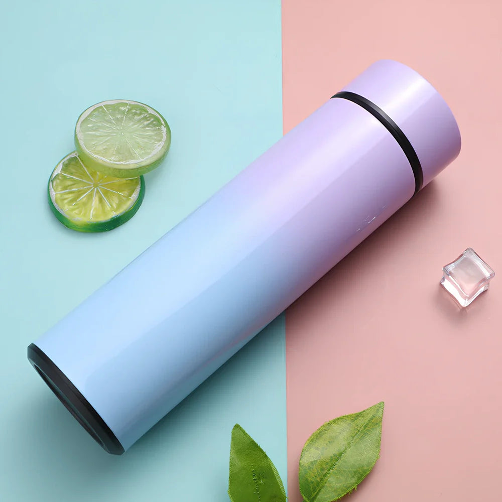 Stainless steel vacuum flask with temperature display showing beverage temperature, 22.5cm height