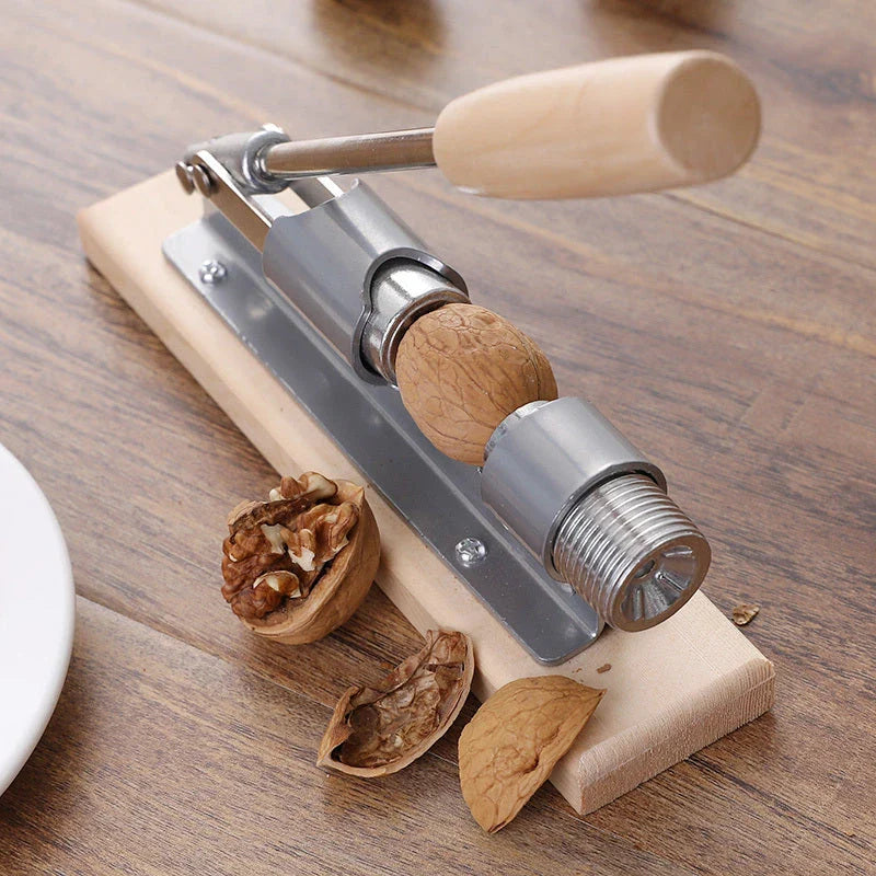 Heavy-duty nutcracker made of stainless steel and wood for crushing various nuts with ease