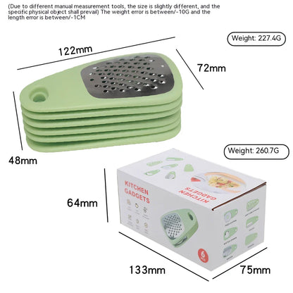 Six-piece kitchen gadget set with stainless steel slicing knives and garlic masher tools