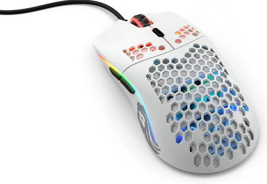 Black matte gaming mouse with hole design showing RGB lighting and ergonomic shape for right-handed use