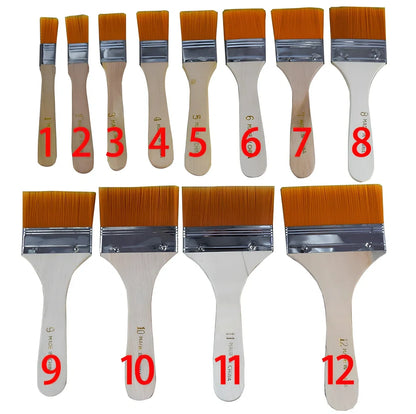 Nylon bristle paint brush with wooden handle measuring 14-18cm length in raw wood colour