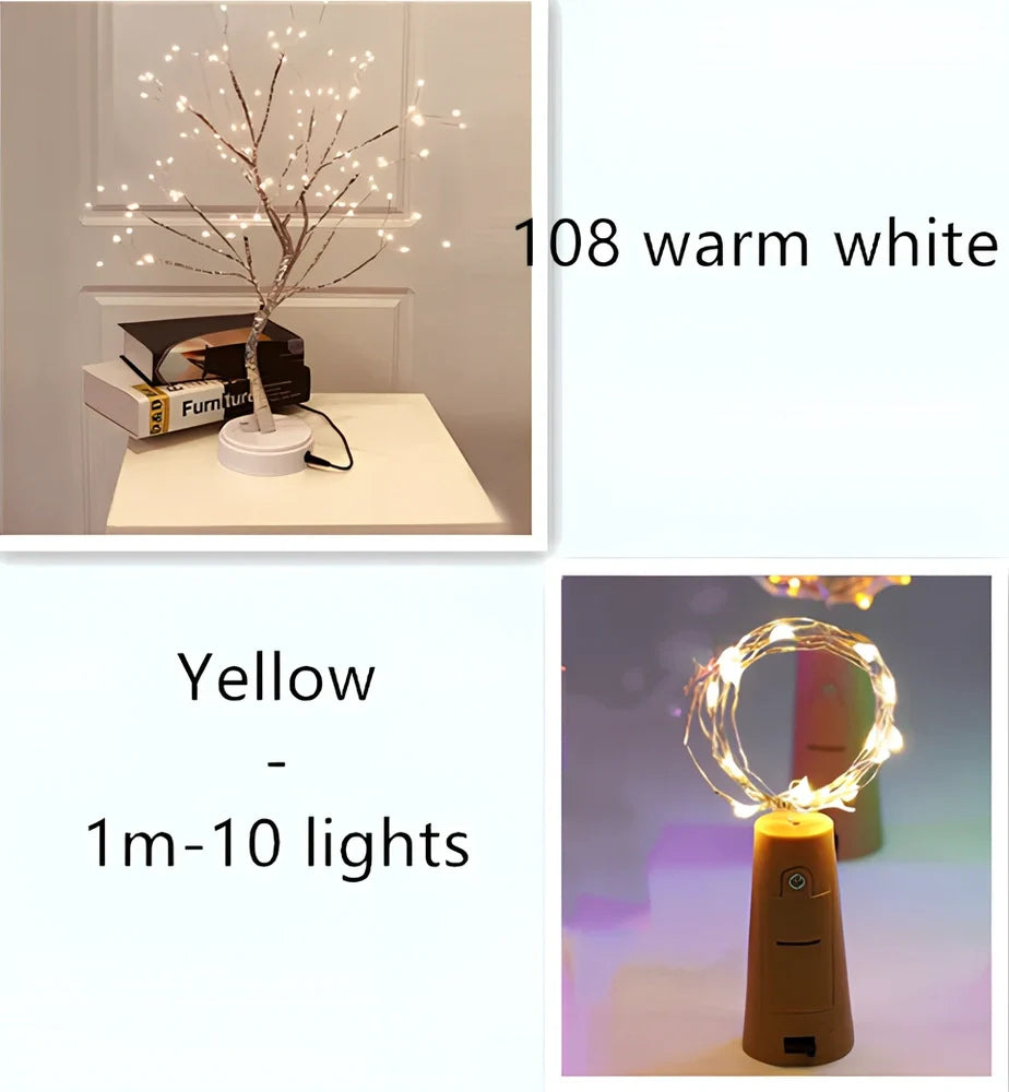 Copper wire LED string lights wrapped around wine bottle with 20 white LEDs illuminated