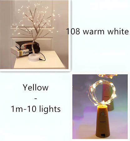 Copper wire LED string lights wrapped around wine bottle with 20 white LEDs illuminated