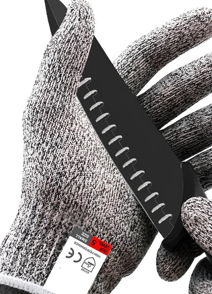 Grey cut-resistant gloves with stainless steel wire construction and adjustable belt closure