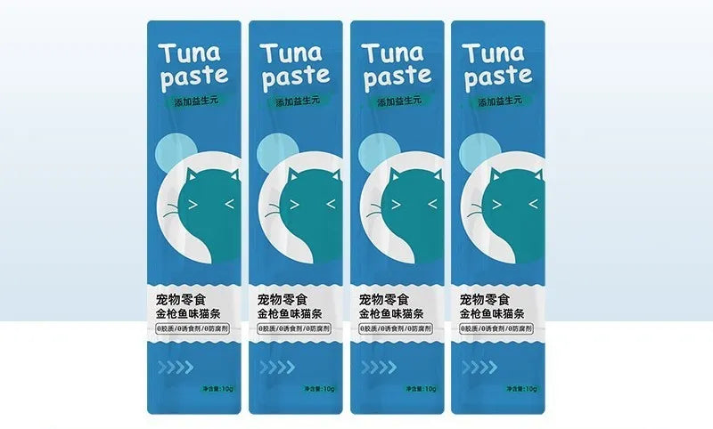 Pack of 10 thin cat strip snacks in four flavours for kittens.