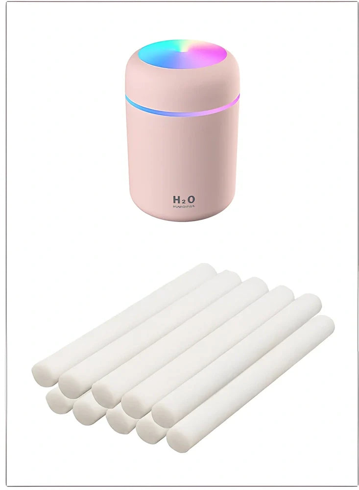 Compact USB car humidifier with colourful LED light and 300ml water tank for vehicle use