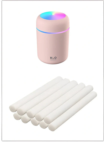 Compact USB car humidifier with colourful LED light and 300ml water tank for vehicle use