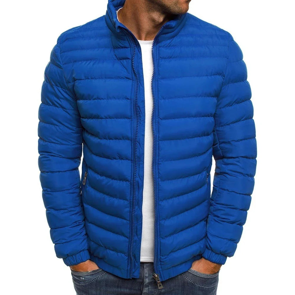 Warm padded winter jacket for men in various solid colors, featuring zippered pockets and a loose, comfortable fit for easy layering.