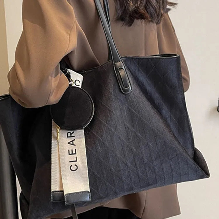 Large soft polyester casual tote shoulder bag in a horizontal square shape with sandwich pockets.