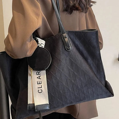 Large soft polyester casual tote shoulder bag in a horizontal square shape with sandwich pockets.