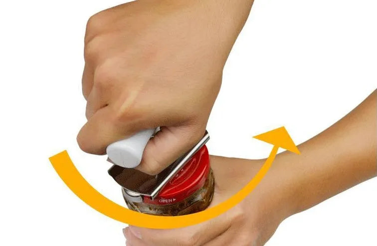 White stainless steel adjustable manual bottle opener with ABS handle on a plain background